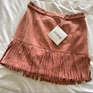 Kittenish Blush Suede Fringe Mini Skirt